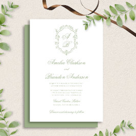 Elegant Classic Sage Green Monogram Crest Wedding Inbjudningar