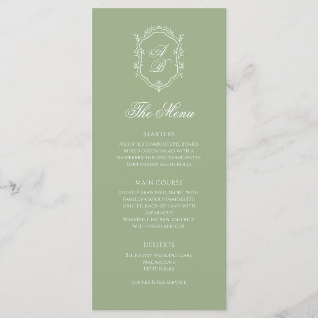 Elegant Classic Sage Green Monogram Crest Wedding Meny (Framsida)