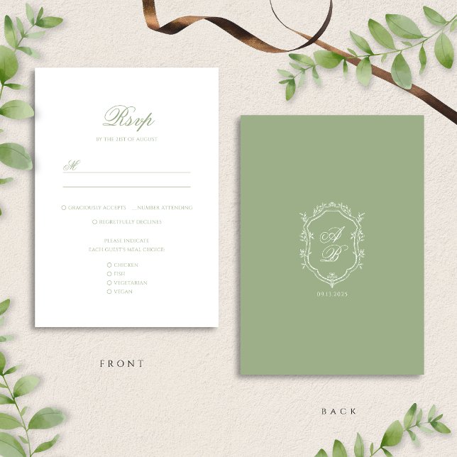 Elegant Classic Sage Green Monogram Crest Wedding OSA Kort (Skapare uppladdad)