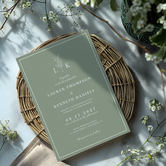 Elegant Classic Sage Grönt Löv Monogram Bröllop Inbjudningar (Skapare uppladdad)