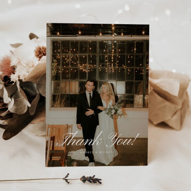Elegant Classic Script Wedding Photo Tack Kort (Skapare uppladdad)