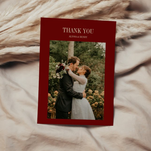 Elegant Classic Script Wine Red Wedding Photo Tack Kort (Skapare uppladdad)
