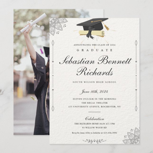 Elegant Classic-skript, foto Studenten Inbjudningar (Fram/baksida)