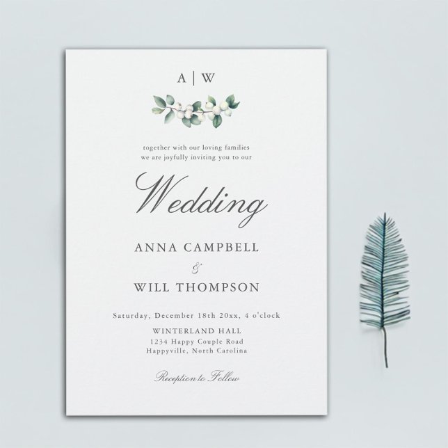 Elegant Classic Snowberry Vapensköld Winter Weddin Inbjudningar (winter wedding invitation monogram crest watercolor snowberry modern classic elegant traditional)