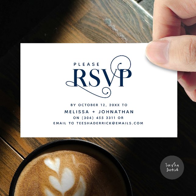 Elegant Classic, svart skript, OSA-svar Tilläggskort (Wedding invitation RSVP via Phone or email respond reminder Enclosure Card in aesthetic Navy Blue)