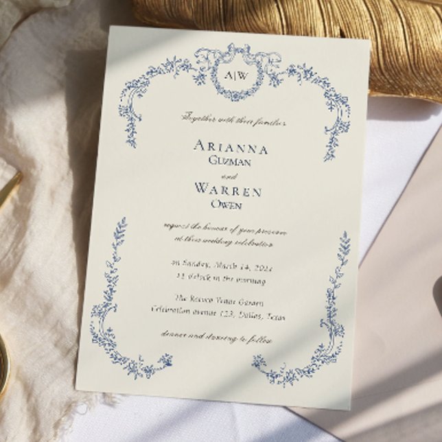 Elegant Classic Vintage Blue Monogram Wedding  Inbjudningar (Elegant Classic Vintage Blue Monogram Wedding Invitation)