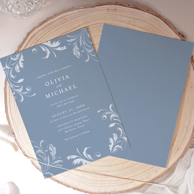 Elegant Classic Vintage Dusty Blue Wedding Inbjudningar (Elegant dusty blue vintage wedding invitation with formal typography and classic swirl design)