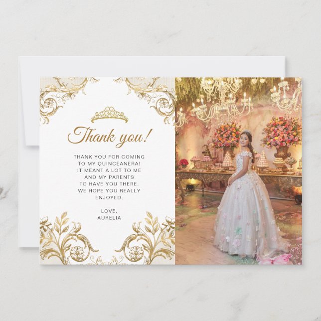 Elegant Classic White Guld Photo Quinceañera Tack Kort (Framsida)