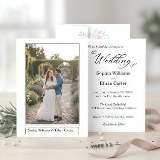 Elegant Classic White Themed Photo Wedding Inbjudningar