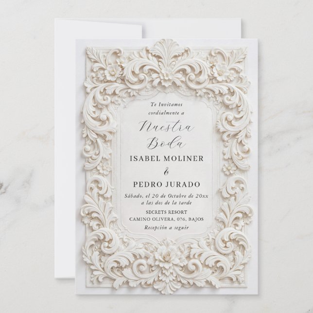 Elegant Classy Baroque Frame Nuestra Boda Wedding Inbjudningar (Framsida)