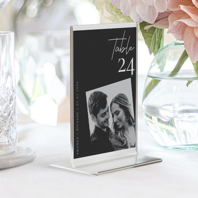 Elegant Classy Black and White Bröllop Photo Bordsnummer (Black & White Wedding Modern Romantic Photo  Table Number)