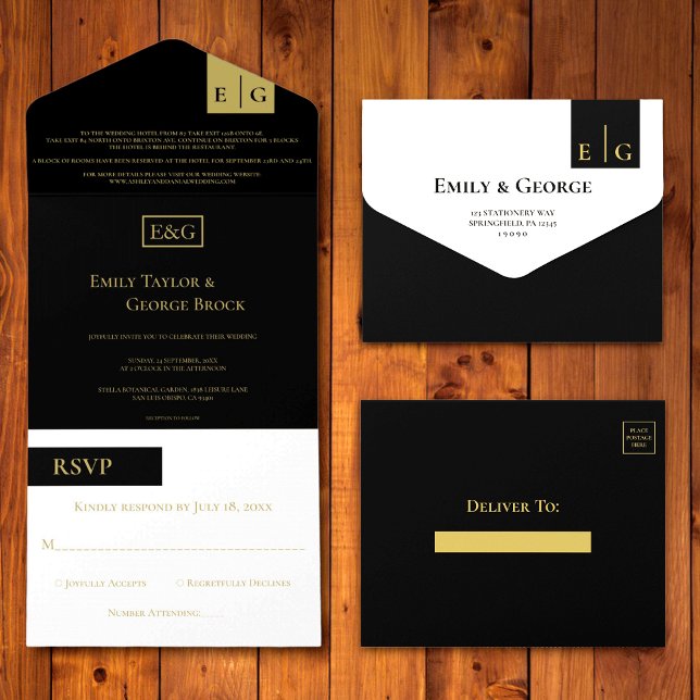 Elegant Classy Black Guld Monogram Formell Bröllop (Skapare uppladdad)
