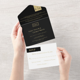 Elegant Classy Black Guld Monogram Modern Bröllop