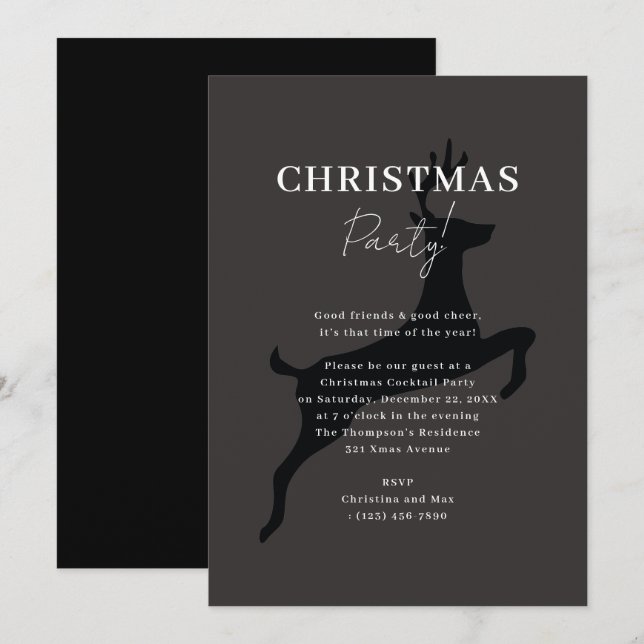 Elegant Classy Black Julafton Reindeer jul Party Inbjudningar (Fram/baksida)