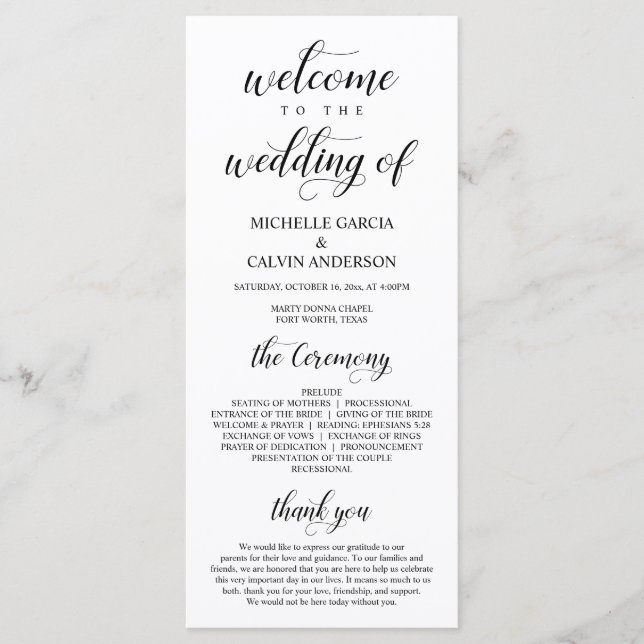 Elegant Classy, Black script, Bröllop Ceremony Program (Framsida)