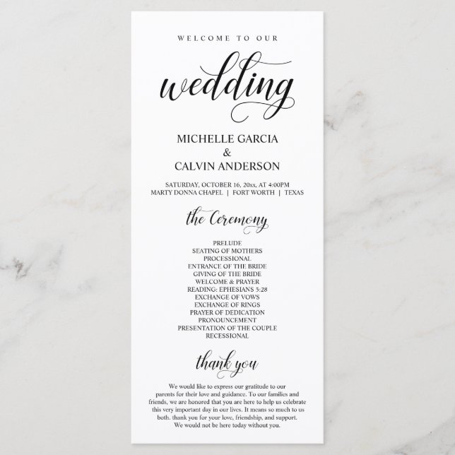 Elegant Classy, Black script, Bröllop Ceremony Program (Framsida)