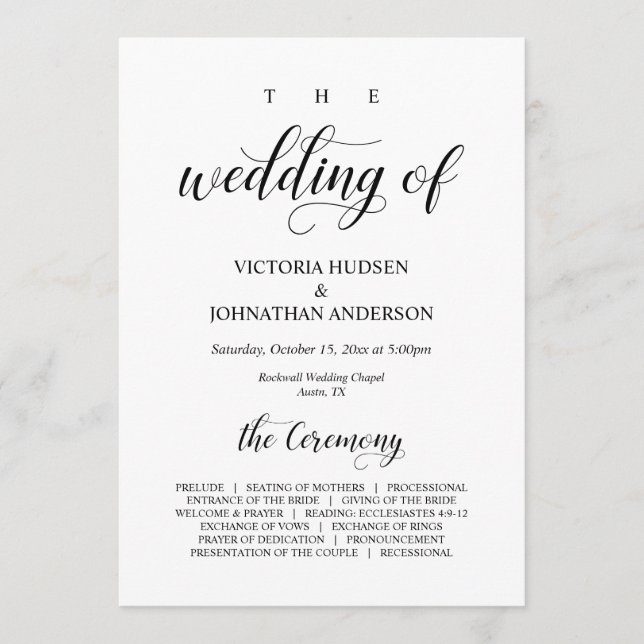 Elegant Classy, Black script, Bröllop Ceremony Program (Framsida)