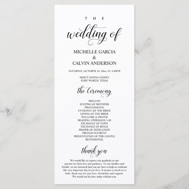 Elegant Classy, Black script, Bröllop Ceremony Program (Framsida)