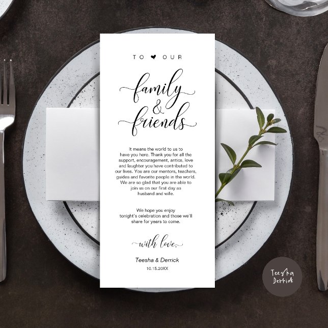 Elegant Classy Black, Ställe-inställning - tack fö Program (Modern Classy Wedding Dinner Place Setting Thank You Card, in Black and White)