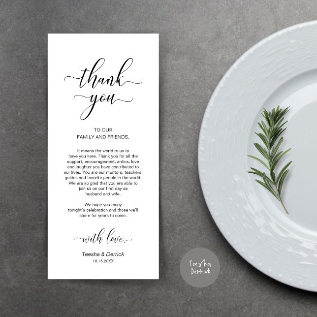 Elegant Classy Black, Ställe-inställning - tack fö Program (Wedding Dinner Place Setting Thank You Card, Modern Classy Design, Black and White)