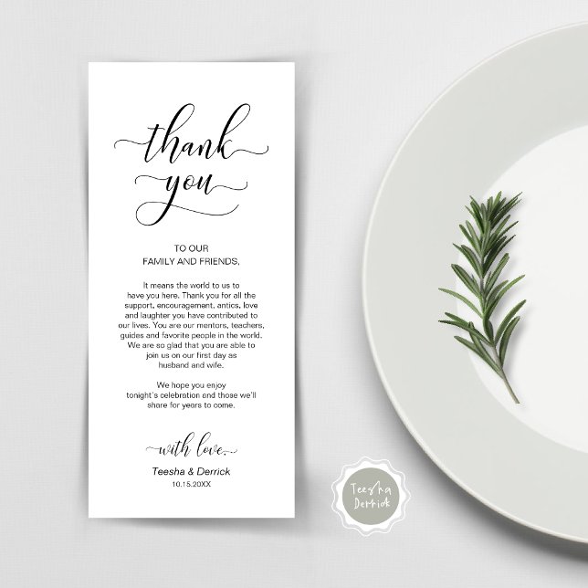 Elegant Classy Black, Ställe-inställning - tack fö Program (Wedding Dinner Place Setting Thank You Card, Plate Decor, Modern Classy, in Black and White)