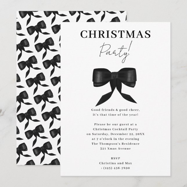 Elegant Classy Black White Bow-julen Party Inbjudningar (Fram/baksida)