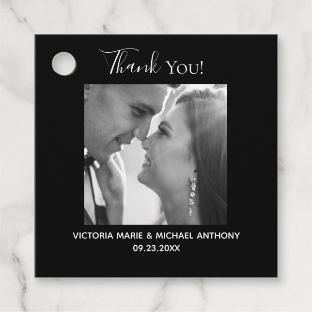 Elegant Classy Black White Photo Bröllop Tack Gåvor Etiketter (Framsida)