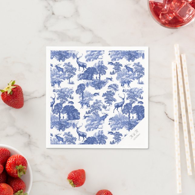 Elegant Classy Blue Fransk Toile Hjort Woodland Pappersservett (Insitu)