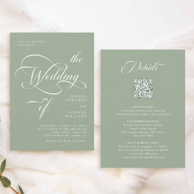 Elegant Classy Bröllop alla i en Grönt Inbjudningar (Front & Back)