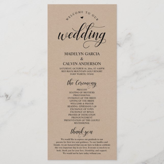 Elegant Classy Brown Rustic Kraft Bröllop Ceremony Program (Framsida)
