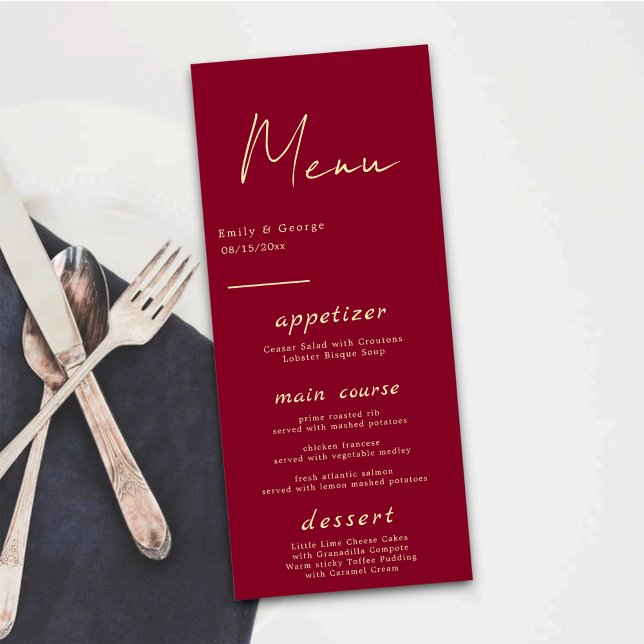 Elegant Classy Burgundy Guld Modern Chic Bröllop Meny (Skapare uppladdad)