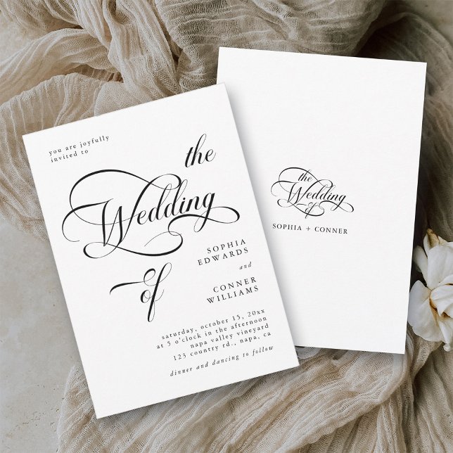 Elegant Classy Calligraphy Bröllop Black & White Inbjudningar (Front & Back)