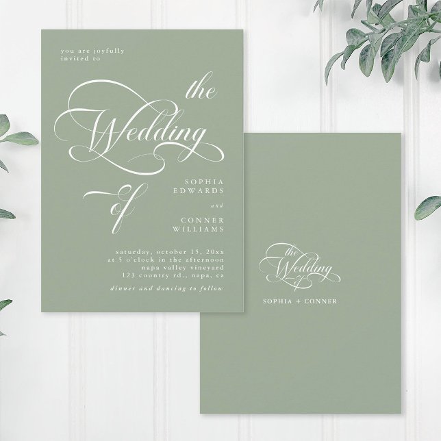 Elegant Classy Calligraphy Bröllop Sage Grönt Inbjudningar (Front & Back)