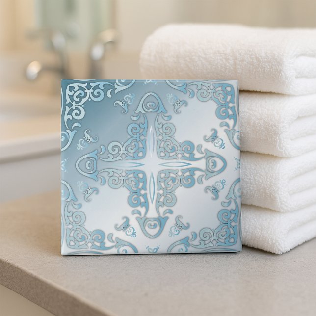 Elegant Classy Chic Blue Metallic Baroque Gräns Kakelplatta (Skapare uppladdad)