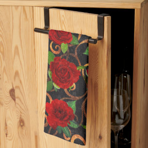 Elegant Classy Damask Vintage Chic Black Röd ros Kökshandduk