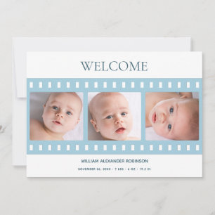 Elegant Classy Filmremsa Pojke Photo Blue Birth Meddelande
