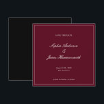 Elegant Classy Formal Burgundy Red Script Wedding  Spara Datumet<br><div class="desc">Elegant,  formal and classy square Wedding Save the Date with Script typography for the couple's names,  dark burgundy red background,  an elegant frame on the front and a black backer. Customize it with your own wedding information. A very elegant and sophisticated Wedding Announcement for modern couples.</div>