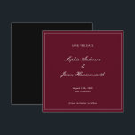 Elegant Classy Formal Burgundy Red Script Wedding  Spara Datumet<br><div class="desc">Elegant,  formal and classy square Wedding Save the Date with Script typography for the couple's names,  dark burgundy red background,  an elegant frame on the front and a black backer. Customize it with your own wedding information. A very elegant and sophisticated Wedding Announcement for modern couples.</div>