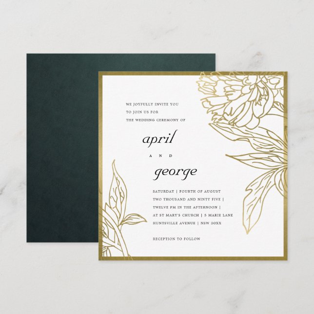 ELEGANT CLASSY GOLD FOIL BLOMMIGT WEDDING INVITE TACK KORT (Fram/baksida)