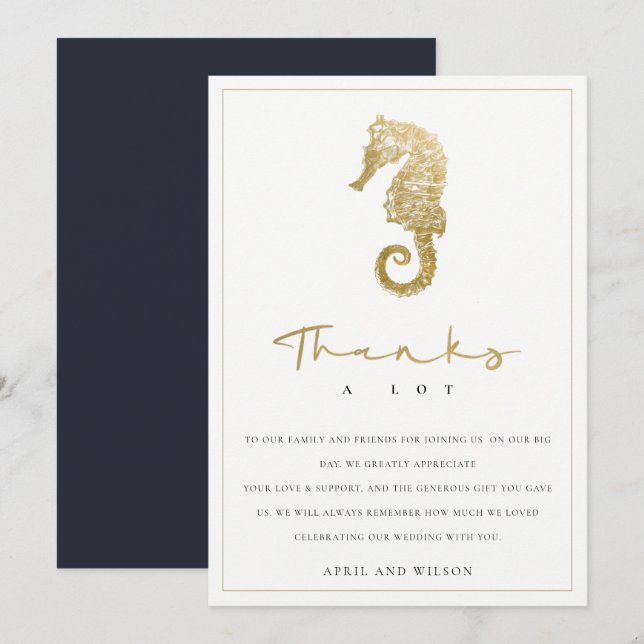 ELEGANT CLASSY GOLD FOIL NAVY SEAHORSE BRÖLLOP TACK KORT (Fram/baksida)