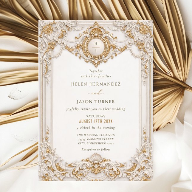 Elegant Classy Gold & White Baroque Frame Wedding Inbjudningar (Skapare uppladdad)