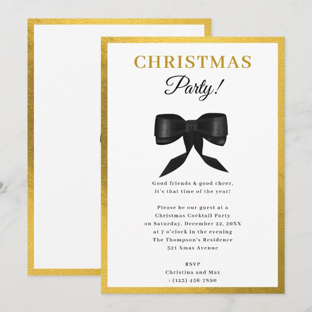 Elegant Classy Guld Black Bow jul Party Inbjudningar (Fram/baksida)