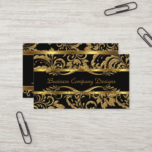 Elegant Classy Guld Black Damask Embossed look Visitkort (Fram/Back In Situ)