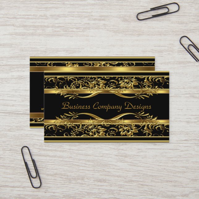 Elegant Classy Guld Black Damask Embossed look Visitkort (Fram/Back In Situ)
