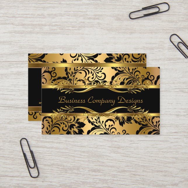 Elegant Classy Guld Black Damask Embossed look Visitkort (Fram/Back In Situ)