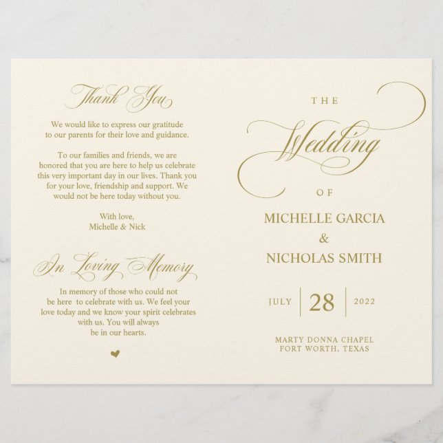 Elegant Classy Guld, Bröllopsprogram som kan omsät (Framsida)