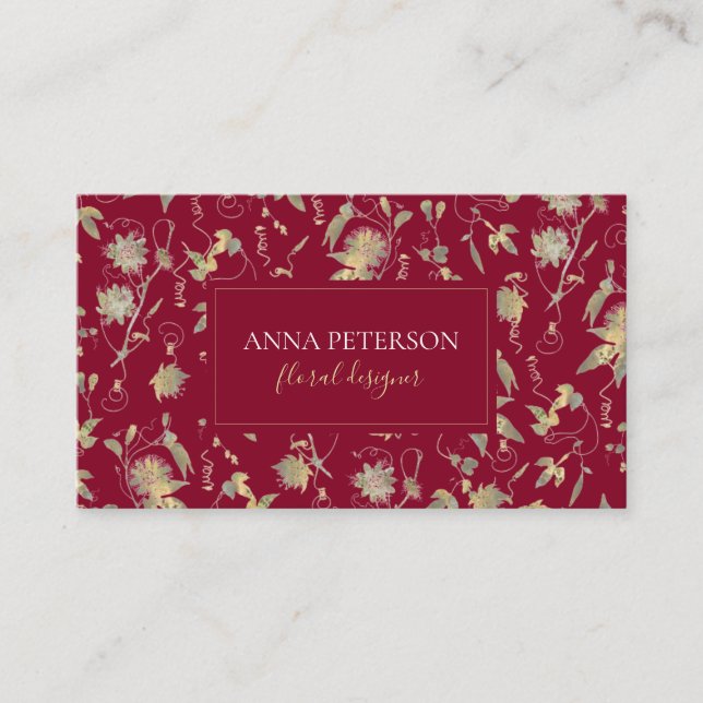 Elegant Classy Guld Passion Flower Burgundy Red Visitkort (Framsida)