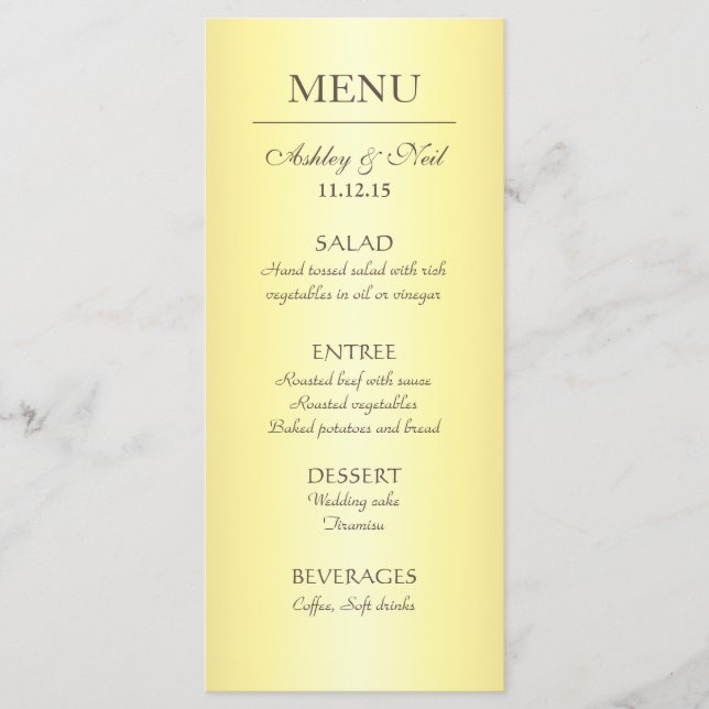 Elegant Classy Gult & Beige Bröllop Menu Meny (Framsida)