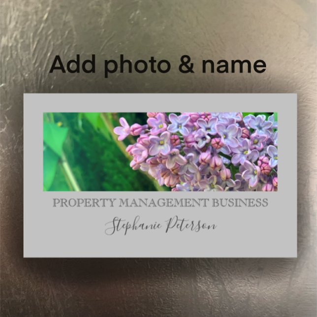 Elegant Classy Lilac Anpassningsbar Photo Grått Ma Visitkort (Customize this business card template with your photo and personal details.)