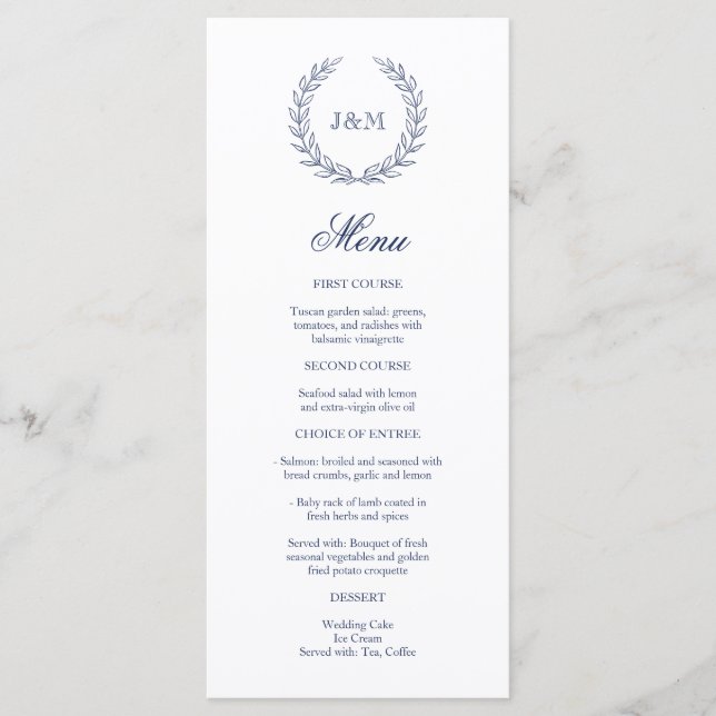 Elegant Classy Navy Blue Bröllop Monogram Meny (Framsida)